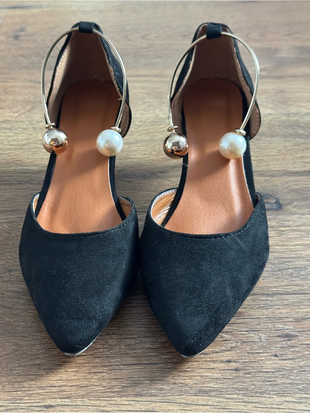 Elegant Black Pointed Toe Ankle Strap Flats with Pearl Detail